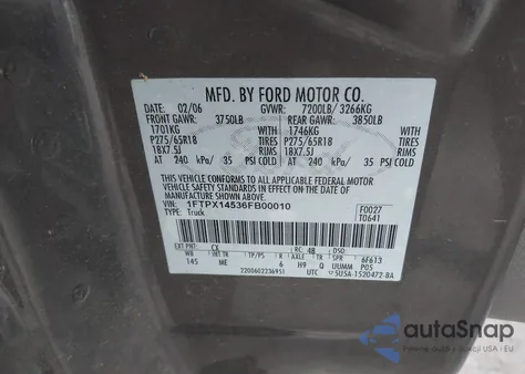 2006 Ford F-150 Fx4/Lariat/Xl/Xlt из США, поврежденный, VIN 1FTPX14536FB00010